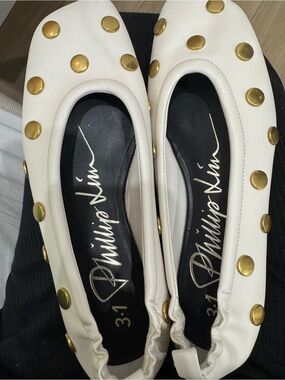 3.1 Phillip Lim White Leather Studded Ballet Flats with Gold Accents